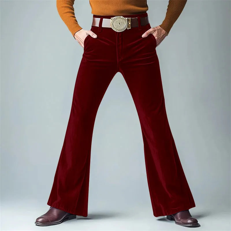 Men's gold velvet slim flared suit trousers in seven colours including dark red and khaki