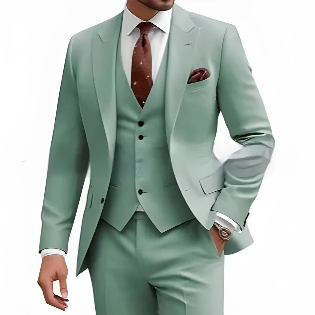 Men's slim fit three-piece suit in a chemical fibre blend, available in multiple colours.