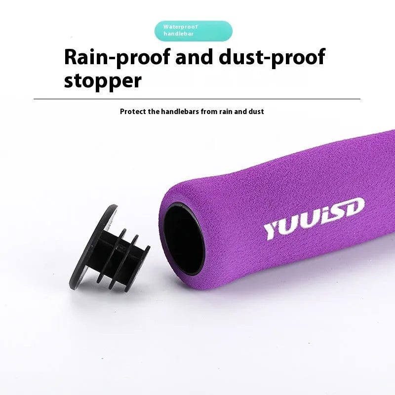 Pair of ultra-light 41g sponge mountain bike handle covers in black, purple, and biange colour options.