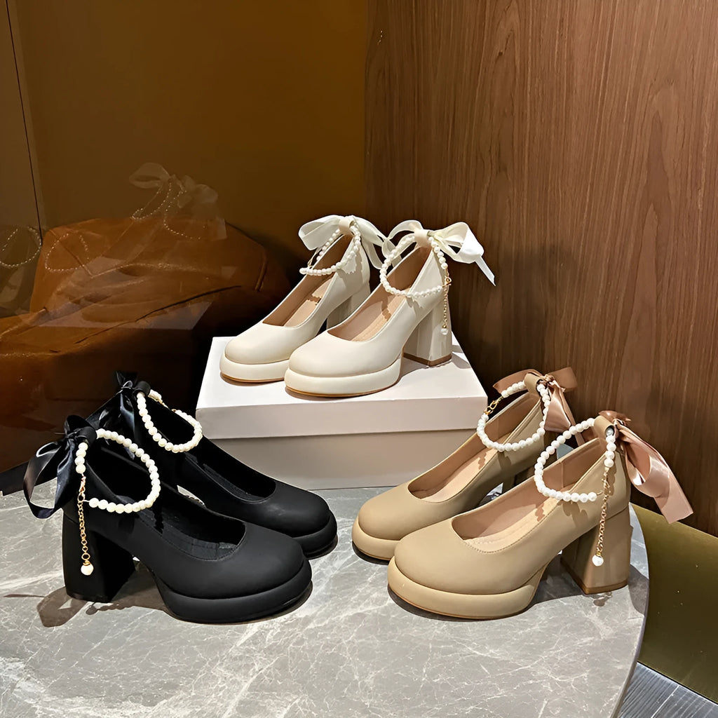Beige women's Mary Jane shoes with chunky heel and ankle strap buckle on a white background