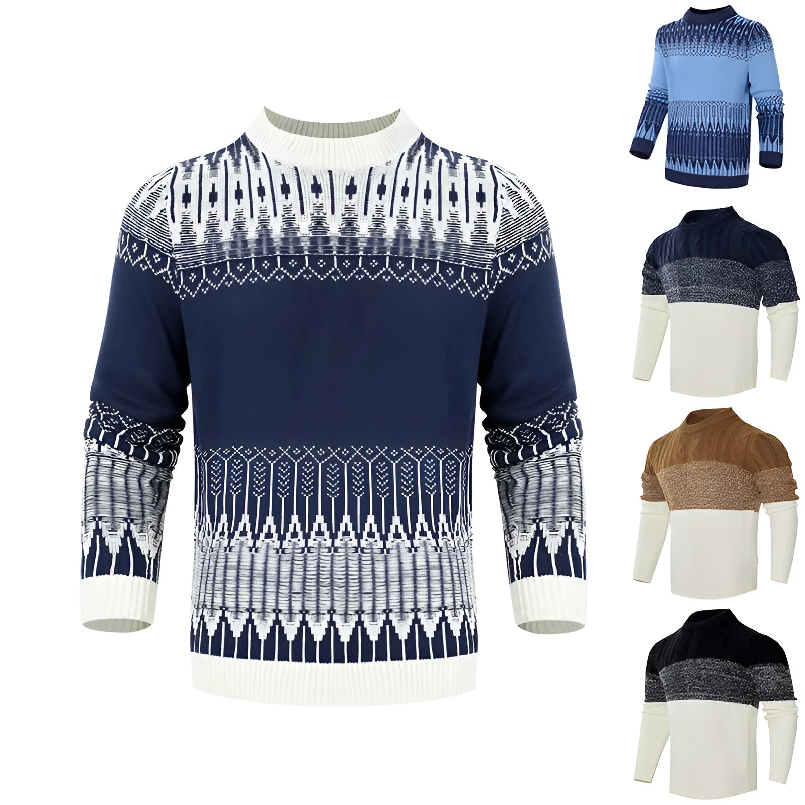 Men's knitted long-sleeve pullover sweater in one of five styles, sized S to 5XL.