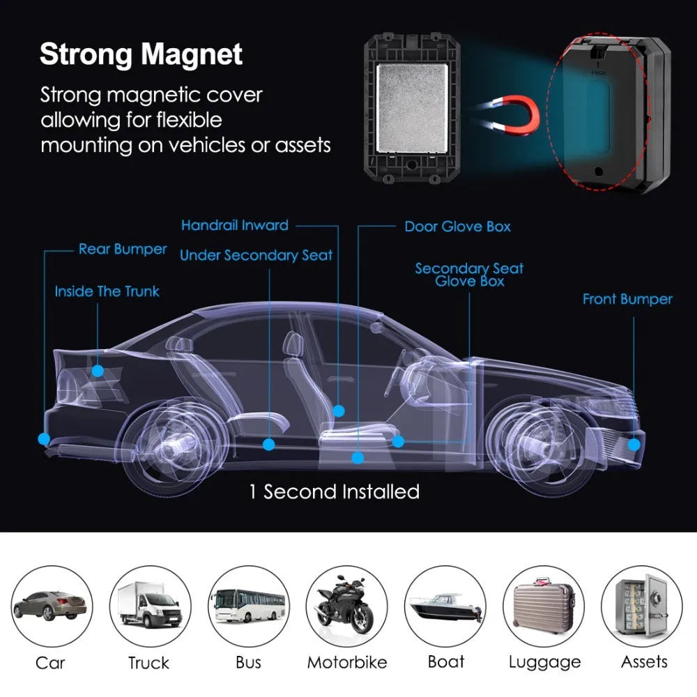 Black GPS car locator with 6000mAh battery, IP65 waterproof rating and ceramic antenna for vehicle tracking