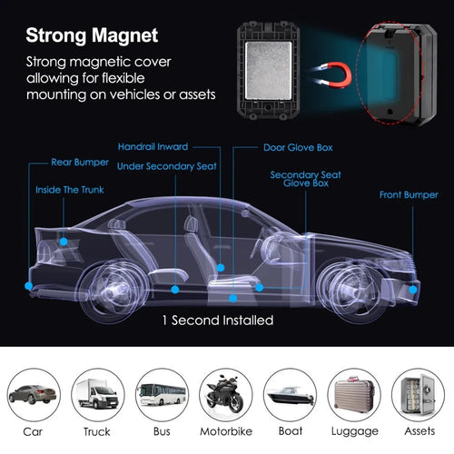 Black GPS car locator with 6000mAh battery, IP65 waterproof rating and ceramic antenna for vehicle tracking