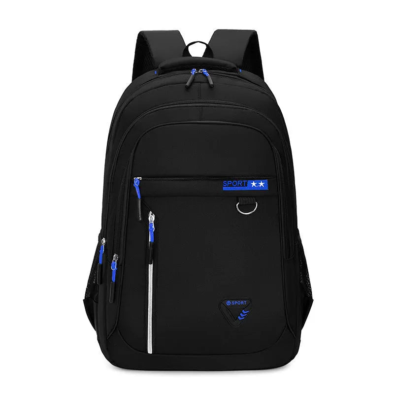 Men's Oxford cloth schoolbag in black with letter pattern detailing showing 20-35L capacity and burden reduction system