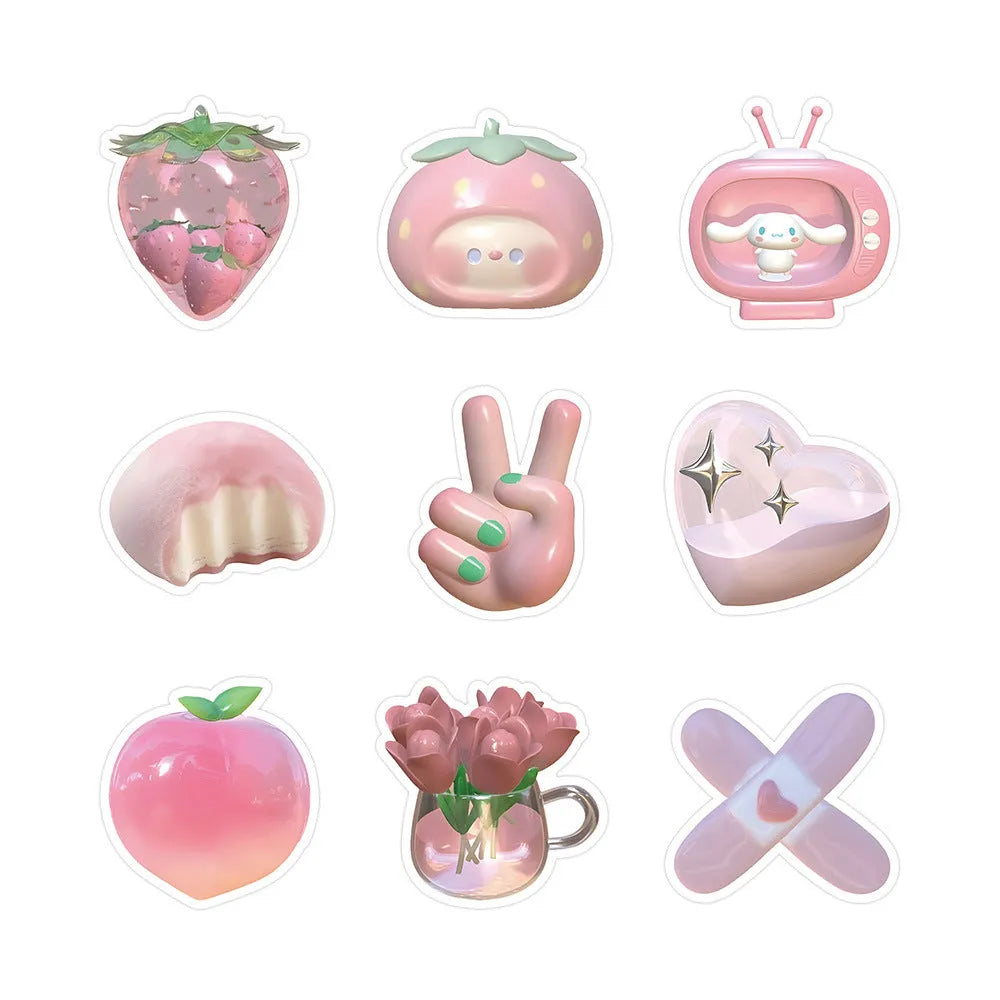 Realistic 3D decorative stickers in pink girl heart designs, 63 pieces per pack
