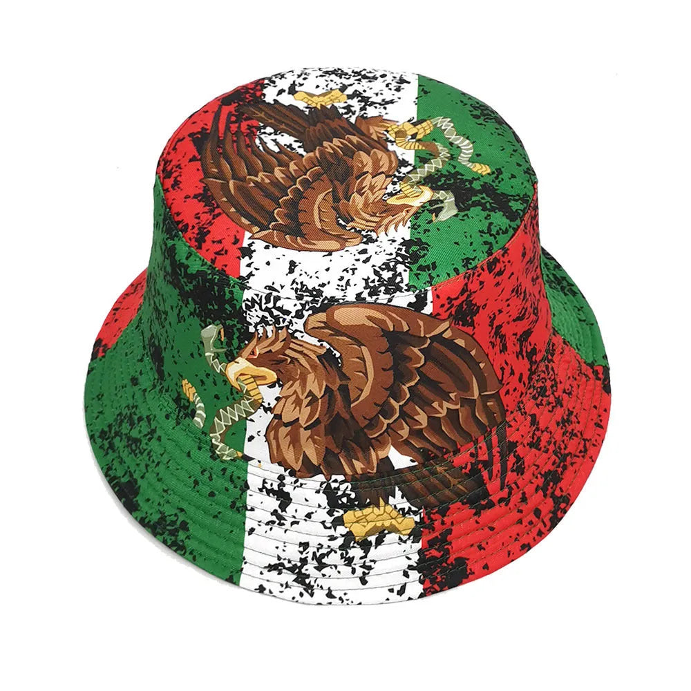 Retro eagle pattern polyester bucket hat with dome crown on a white background.