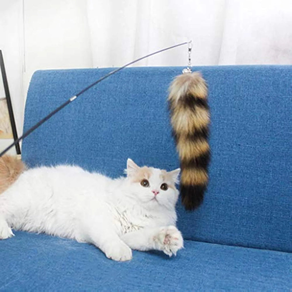 Black cat toy wand with elastic string and interactive catcher measuring 42m length