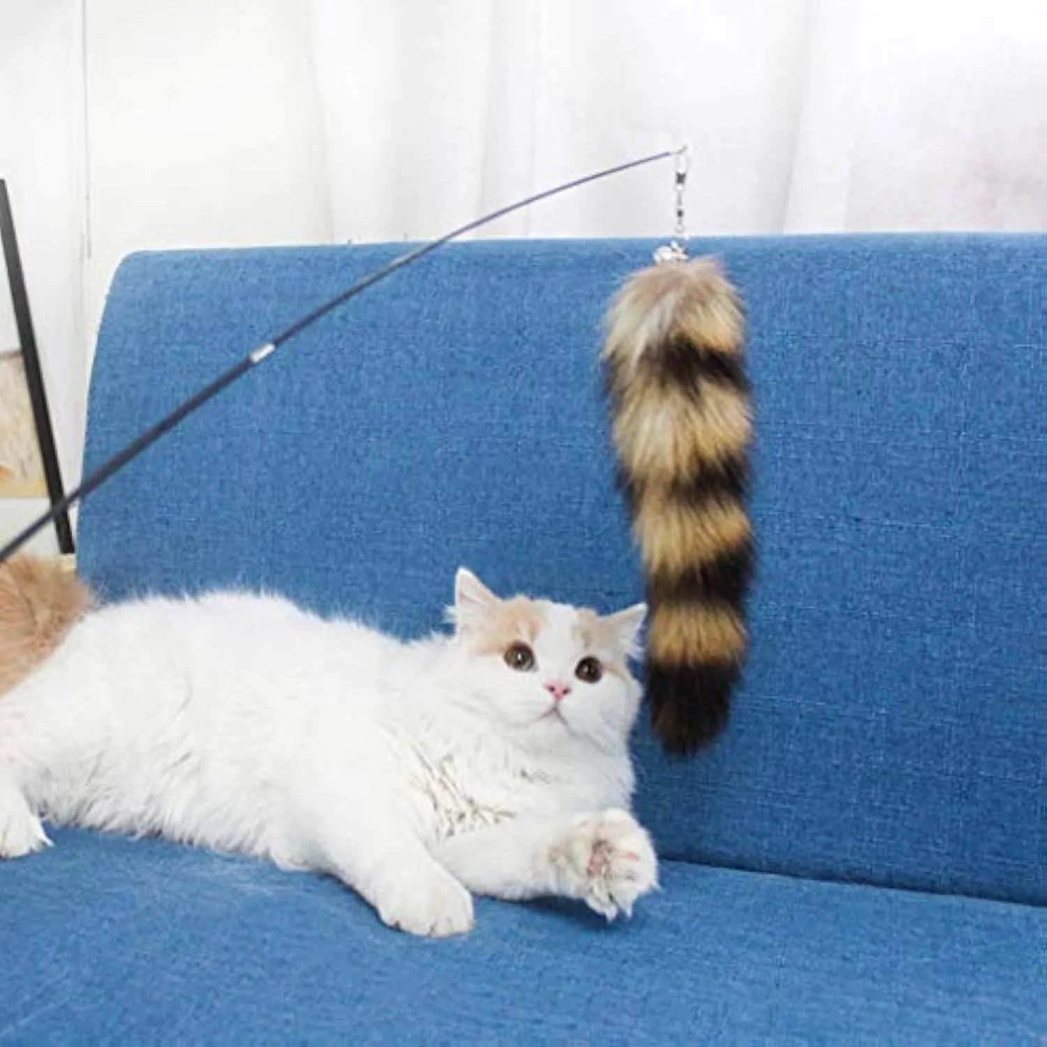 Black cat toy wand with elastic string and interactive catcher measuring 42m length