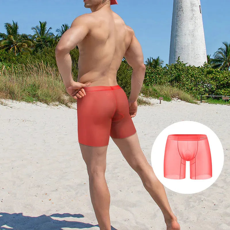 Men's ice silk nylon boxer shorts in low waist design showing orange, pink, and red colour options