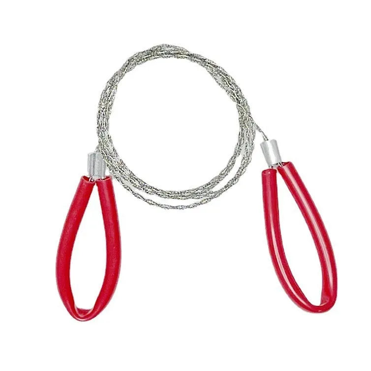 Four-share stainless steel wire survival saw with leather hand case showing 68cm cutting line