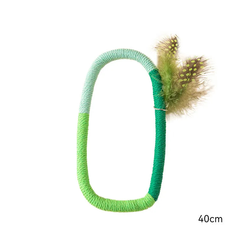 Green circular cotton rope cat toy with feathers and catnip for indoor cats