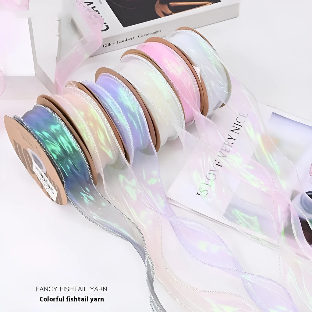 4cm wide fishtail yarn ribbon with colourful wave pattern in mesh material