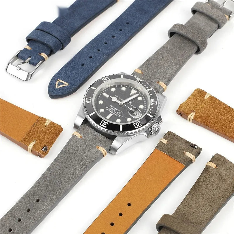 Brown suede leather watch strap showing small waist design and textured surface