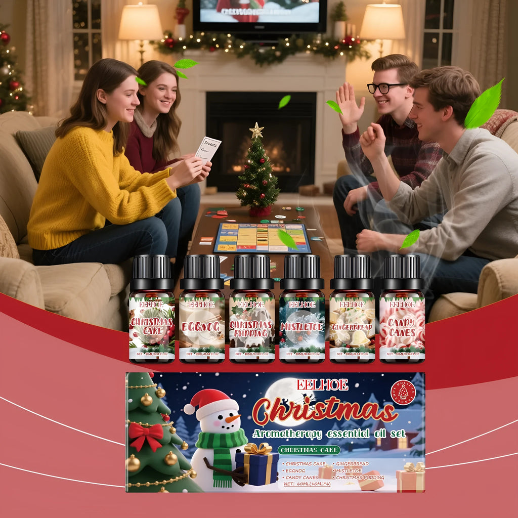 Christmas aromatherapy oil set showing six 60ml bottles of festive essential oils