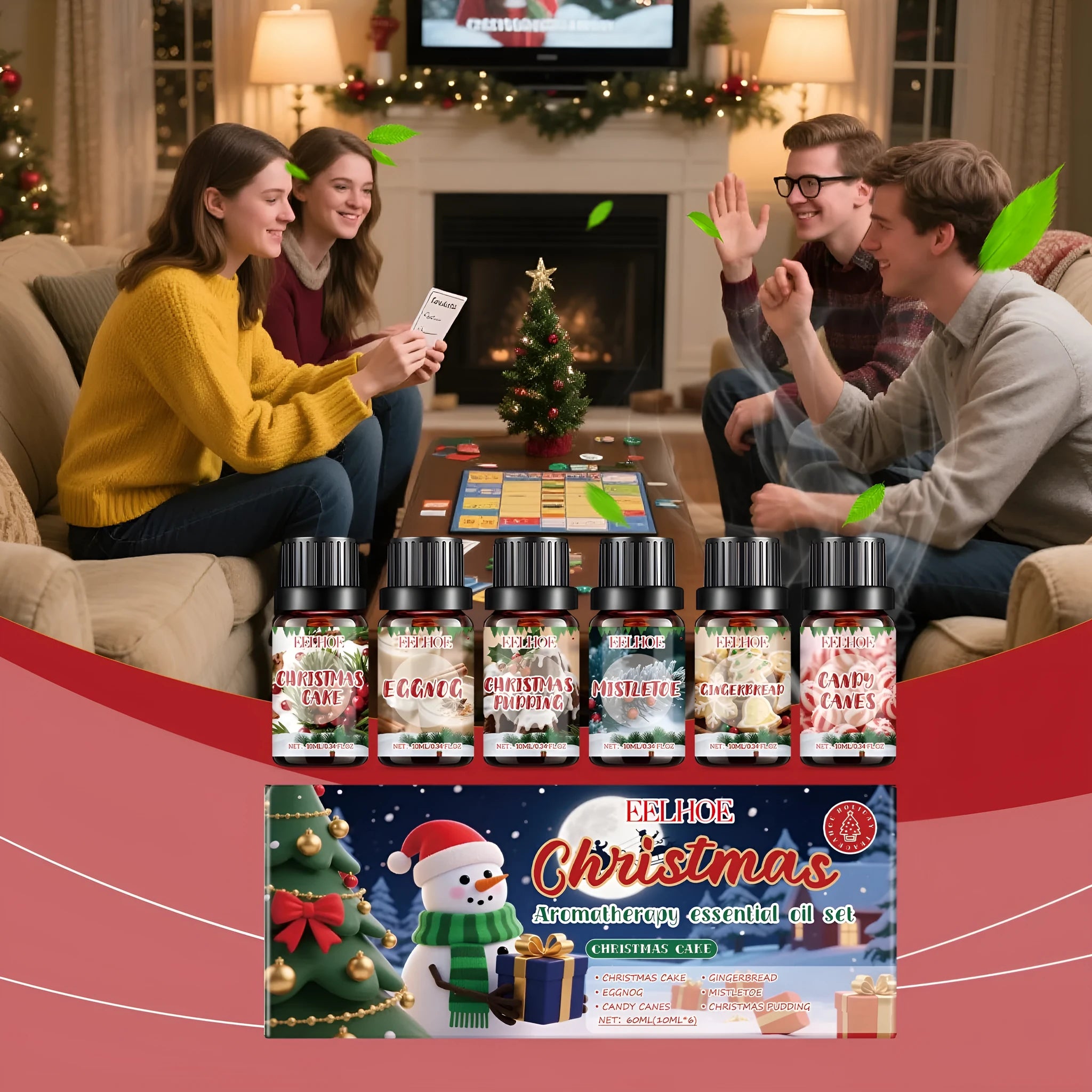 Christmas aromatherapy oil set showing six 60ml bottles of festive essential oils