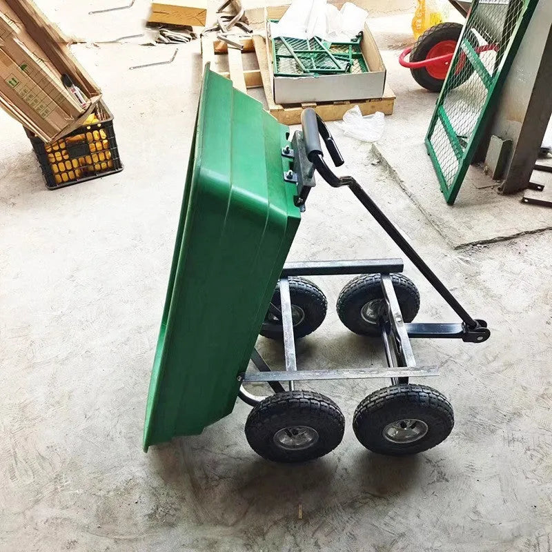 Green four-wheel plastic dumptruck with steel frame and 350kg load capacity