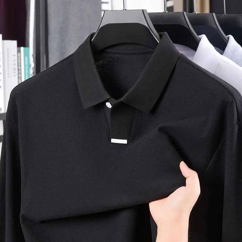Men's cotton polo shirt in loose fit with lapel collar shown in available colours with size chart