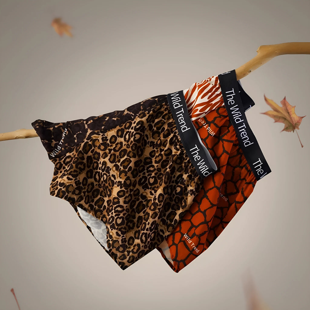 Leopard print ice silk woven men's shorts, loose four-corner cut, mid waist, sizes L to XXXL