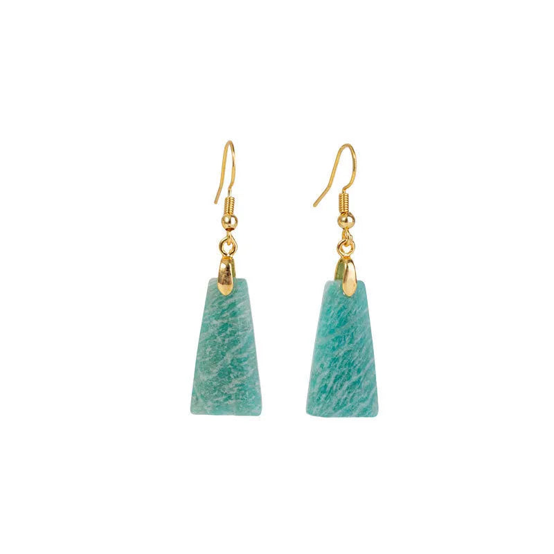 Amazonite rough stone trapezoid earrings with geometric octagon elements in gold setting
