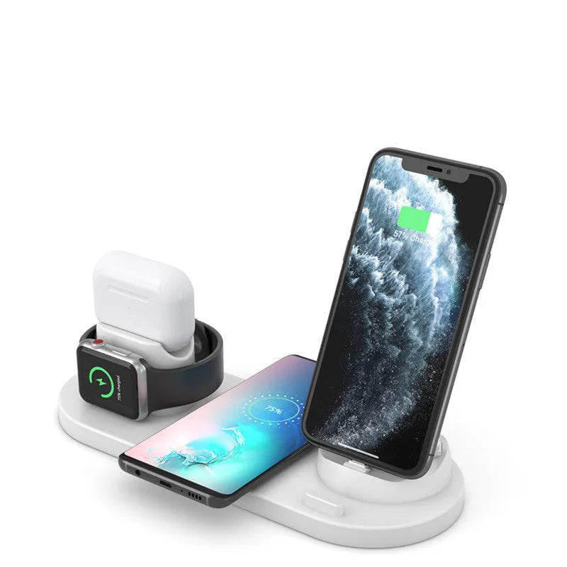 Black and white 6-in-1 wireless charging phone holder with AirPods and iWatch charging areas