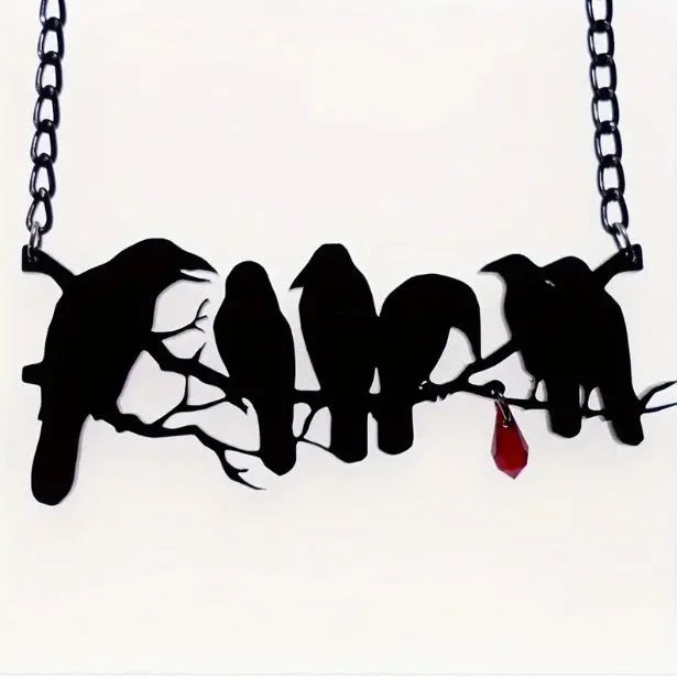 Black electroplated alloy crow necklace with cross chain design and zodiac elements
