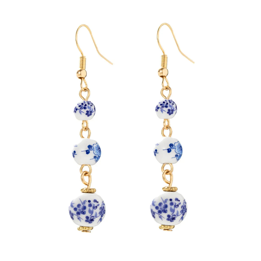 Blue and white porcelain ceramic bead retro earrings with geometric Chinese style design