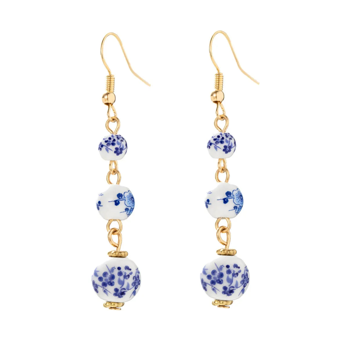 Blue and white porcelain ceramic bead retro earrings with geometric Chinese style design
