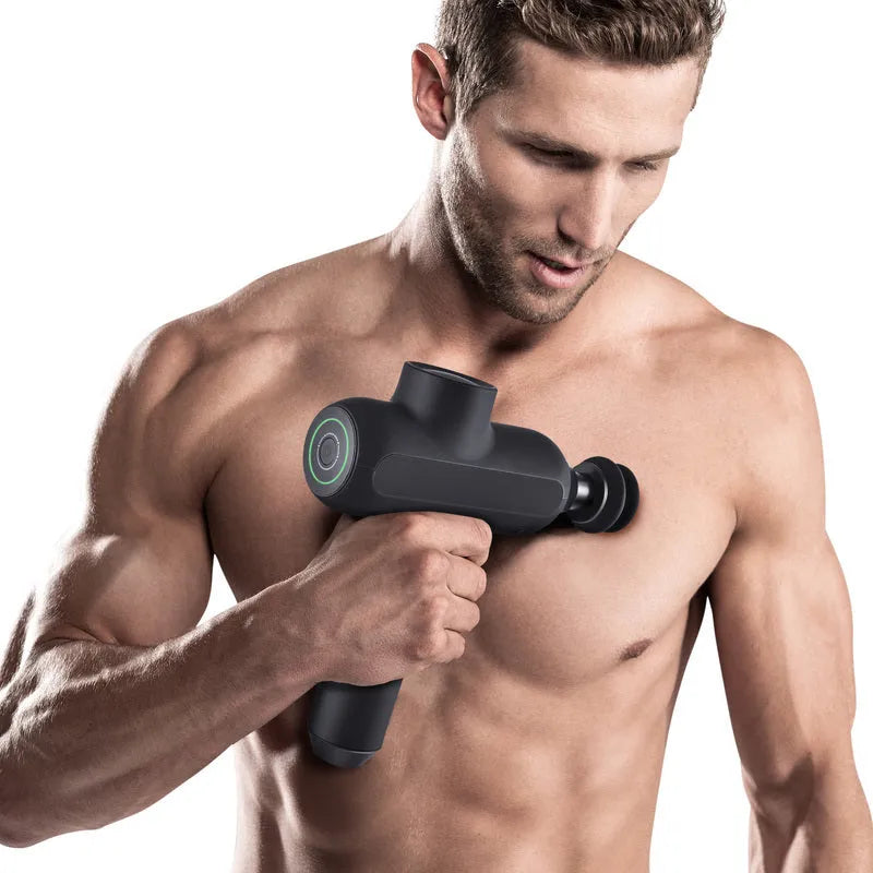 Handheld electric percussion massager with six heads in black, white, or red colours