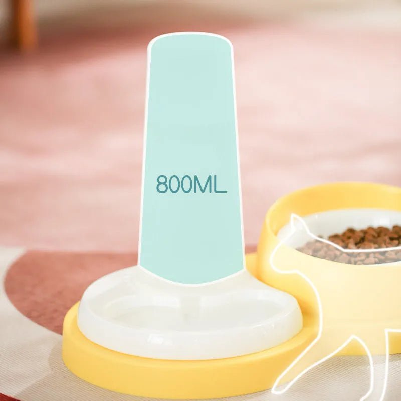 Grey pet dual feeding bowl with ceramic food bowls and stainless steel water dispenser on non-slip base