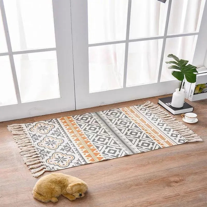 Scandinavian style linen cotton rug, hand woven 60x90cm floor mat with tassel design and plant-dyed fabric