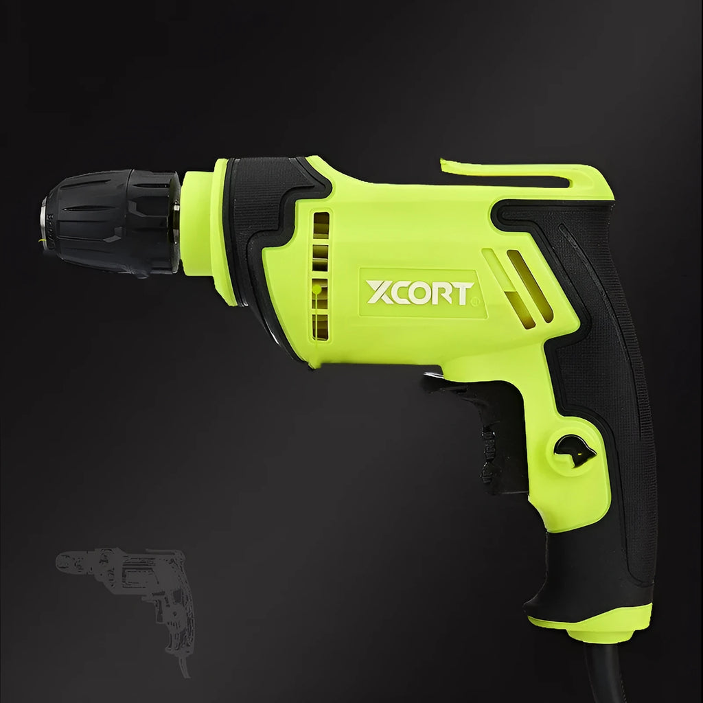 Pistol-grip style 450W electric power drill with variable speed control on a workbench.