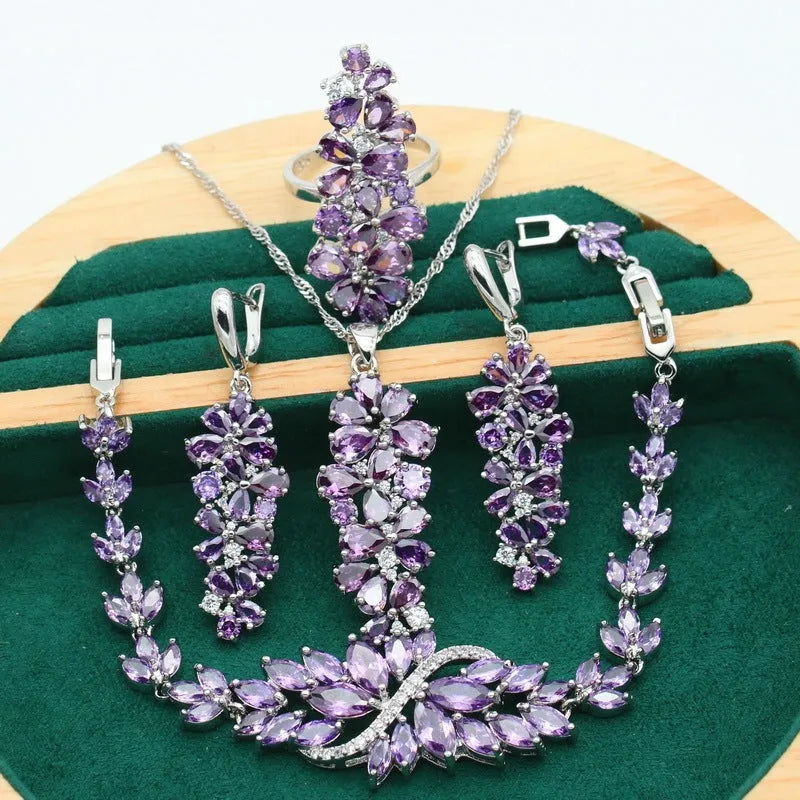 Retro floral jewellery set with alloy pendant, copper-zircon detailing in olive green, purple and multicolour options