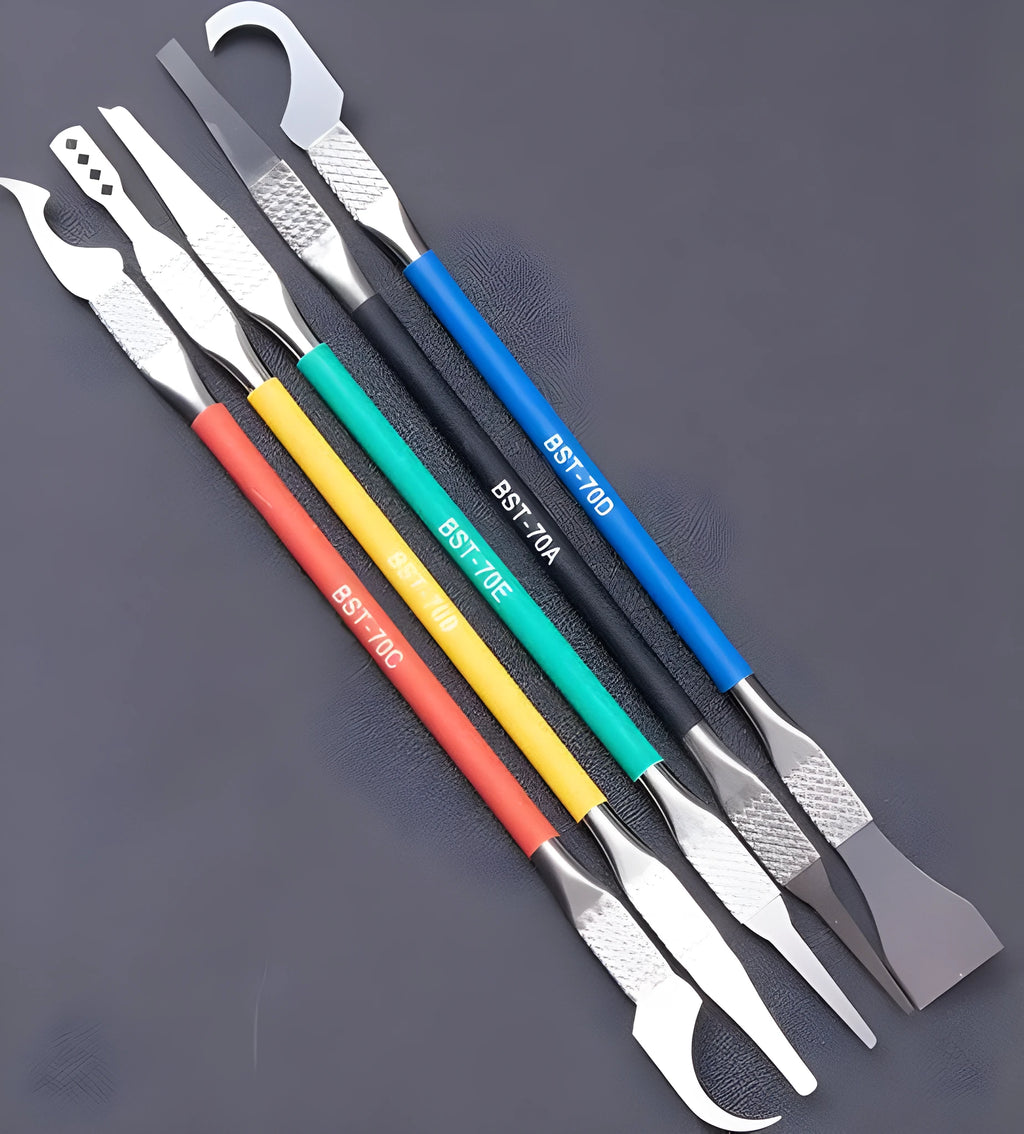 Five piece stainless steel disassembling tool knife set with thin blades for plastic removal work