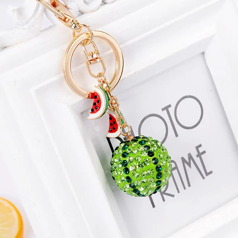 Green watermelon keychain made from zinc alloy measuring 12cm with detailed fruit design and metal clasp
