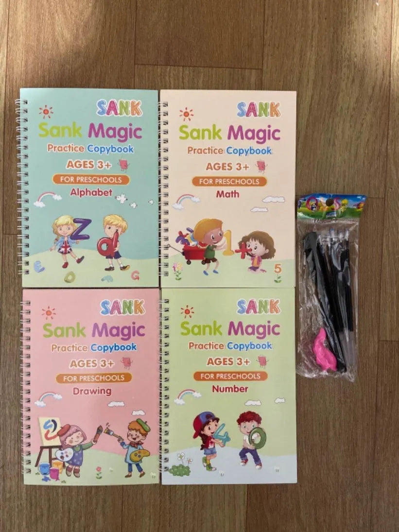Magic stylus calligraphy copybook set for children with four practice books and pen.