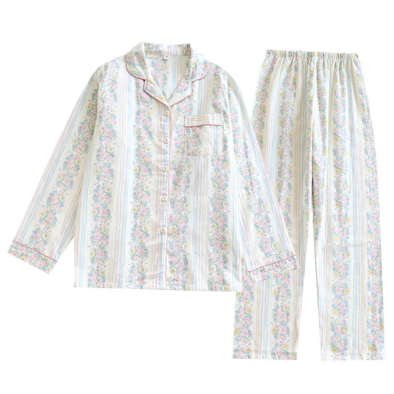 Women's red small fruit patterned cotton gauze long sleeve pyjama top and trousers set.