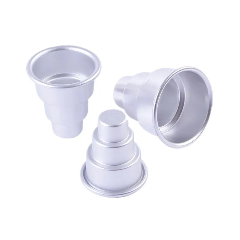 Silver aluminium alloy mini three-layer cake mould set showing large, medium, and small sizes.