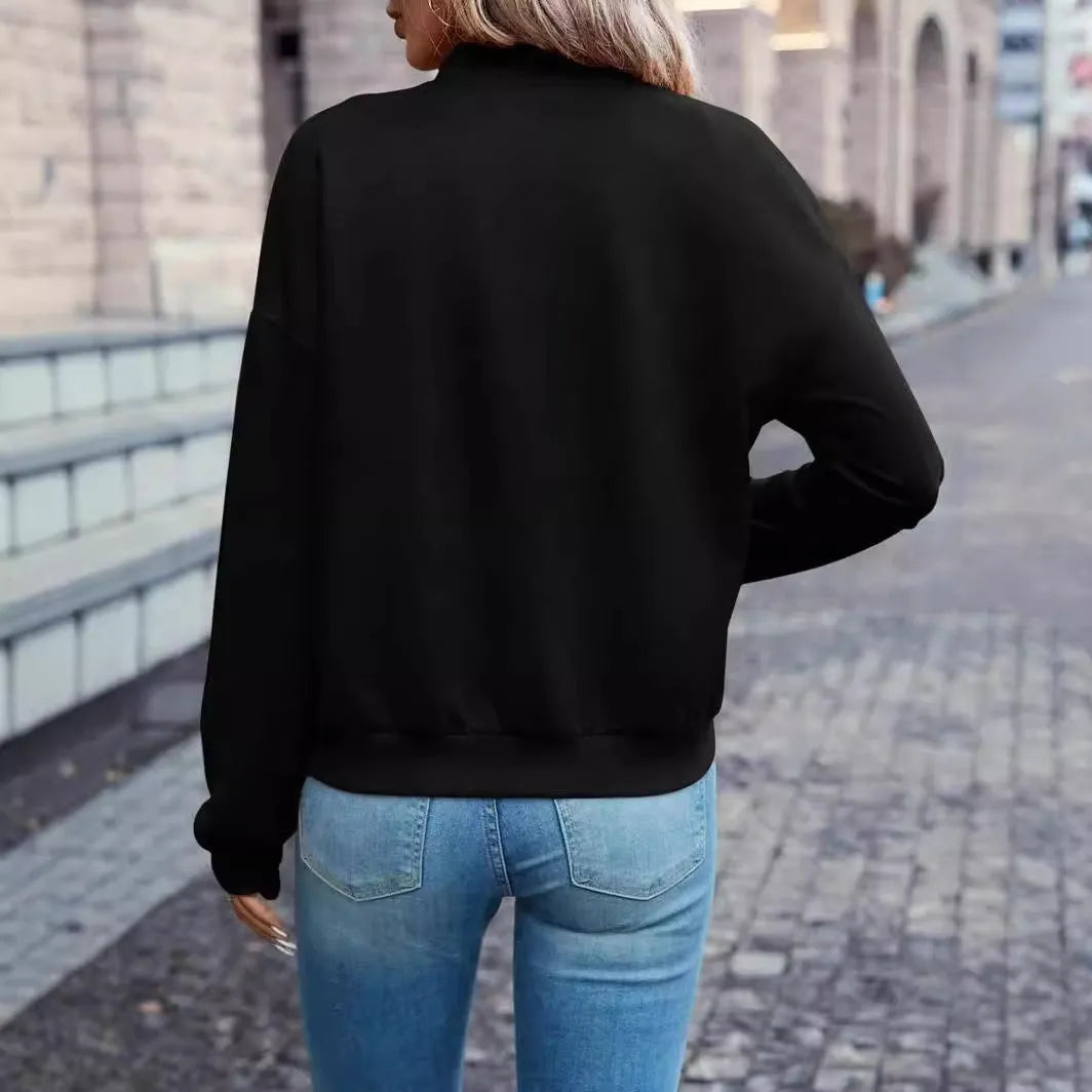 Black women's zip-front casual jacket with long sleeves and faux pocket detailing