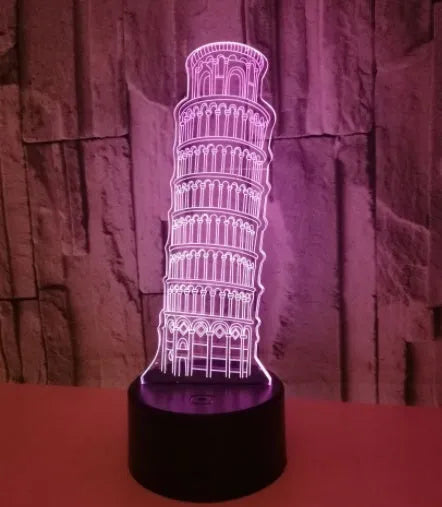 Leaning Tower of Pisa 3D acrylic night light glowing in blue on a black ABS base.