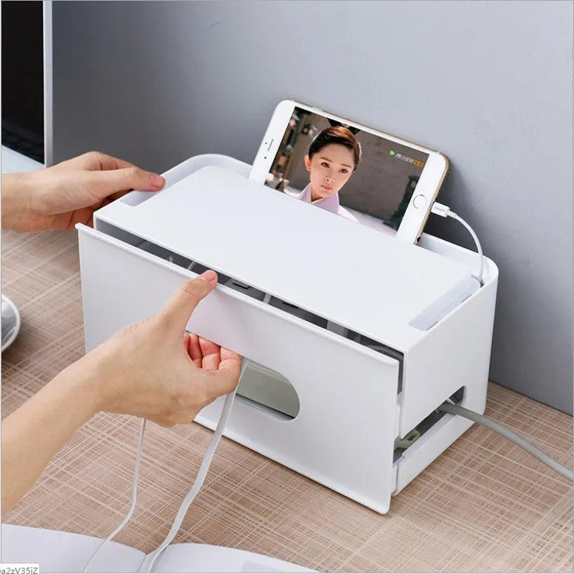 Plastic wireless router storage box in grey or white, wall-mountable cable organiser for home office