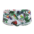 Men's floral bird print nylon swim trunks in boxer style on white background