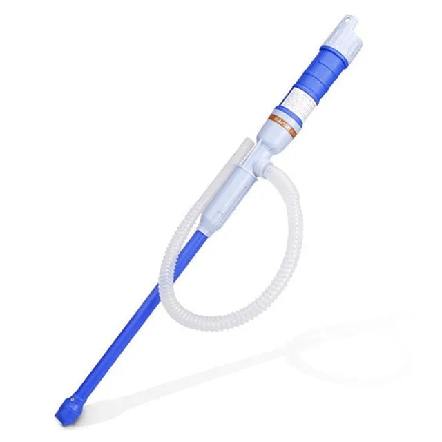 Manual hand-operated siphon pump with blue flexible tubing for transferring gasoline and oil.