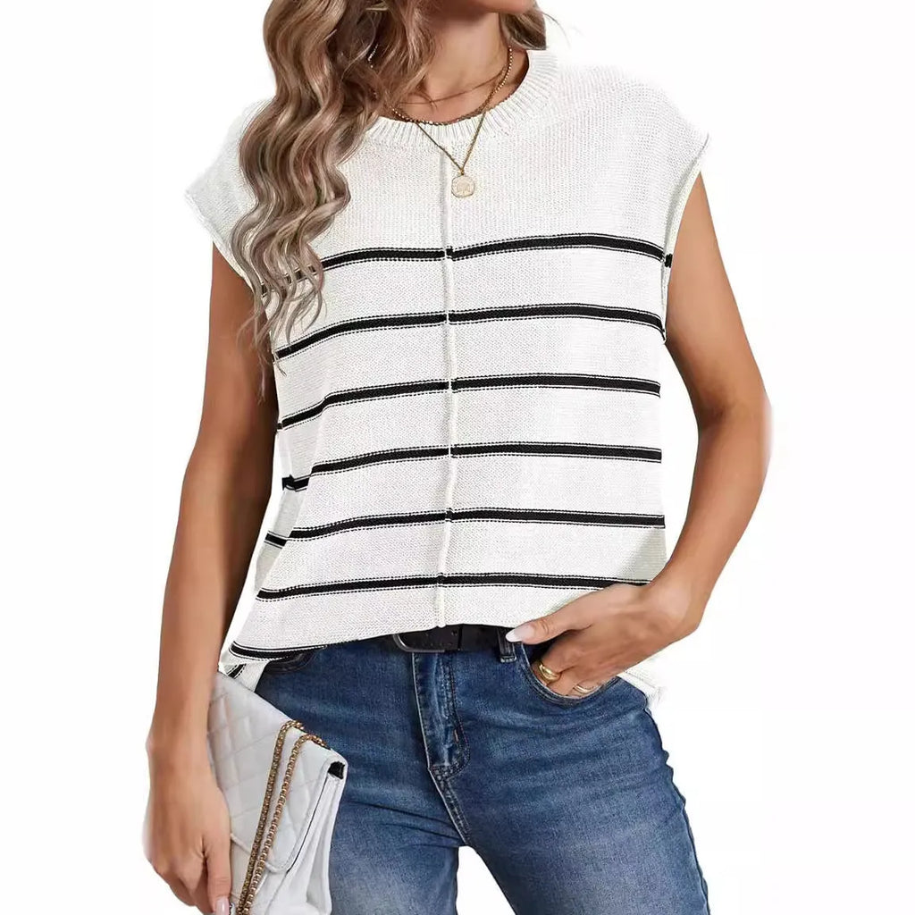 Women's striped sleeveless vest pullover in acrylic fabric with bone stitching detail
