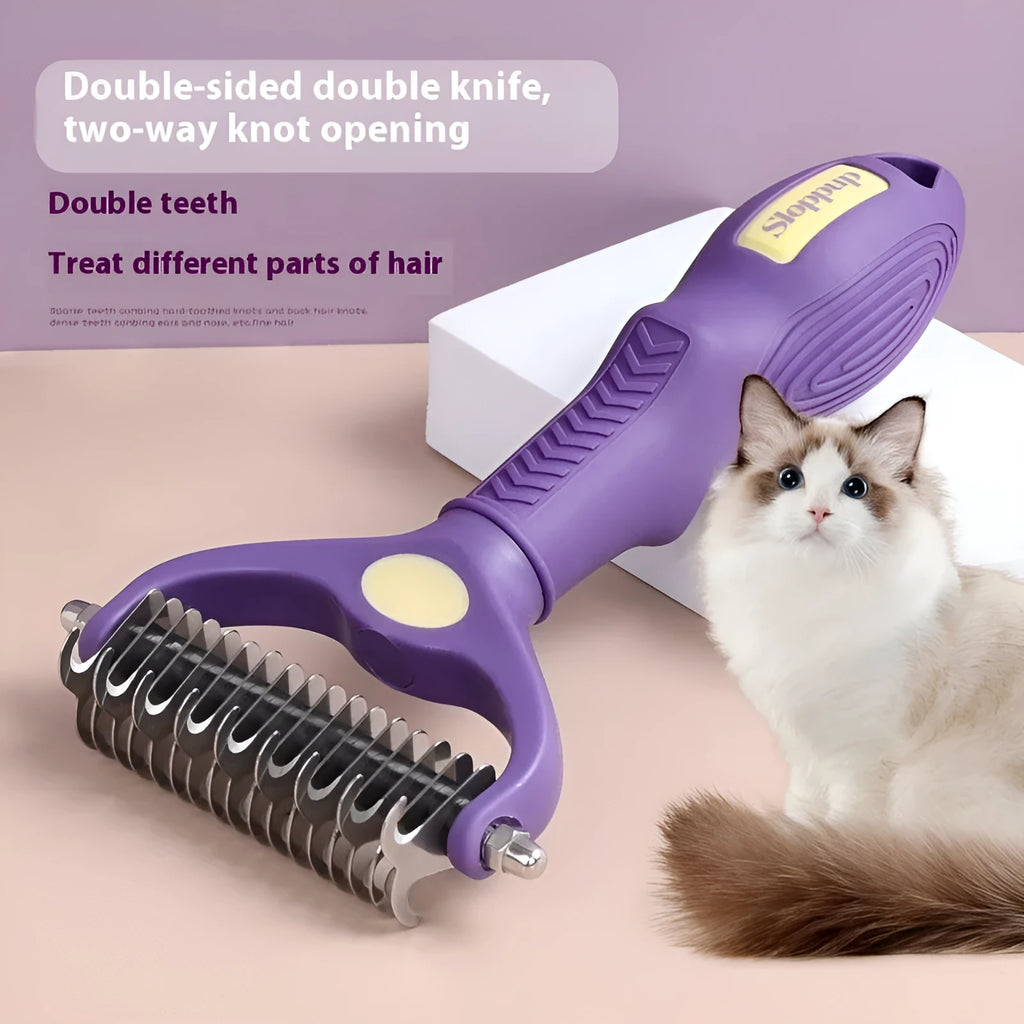 Purple plastic double-sided pet grooming comb for untying knots in cat and dog fur