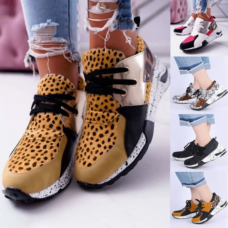 Women's casual suede sneakers with wedge heel in various colours and patterns.