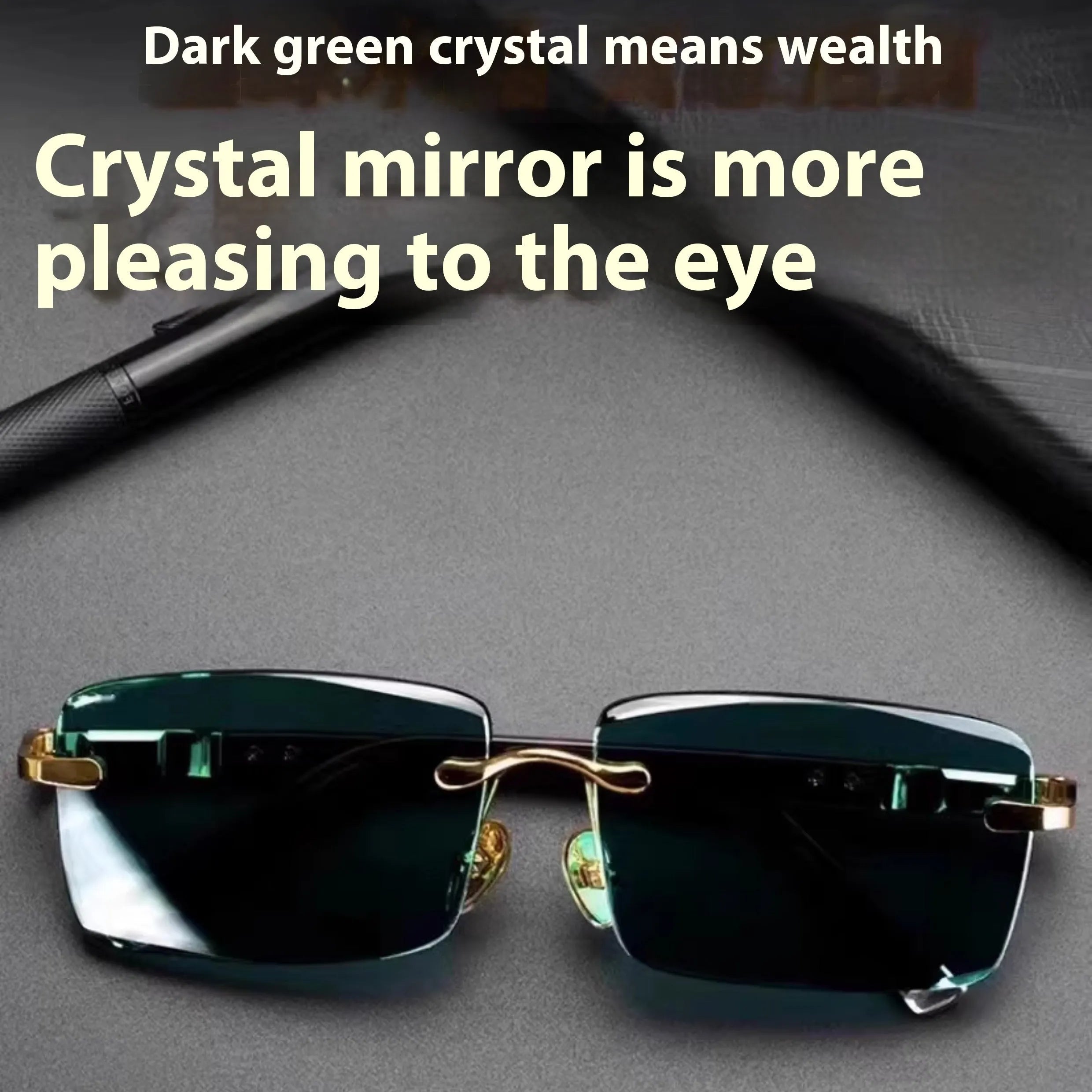 Dark green crystal frameless sunglasses with protective case and cleaning cloth