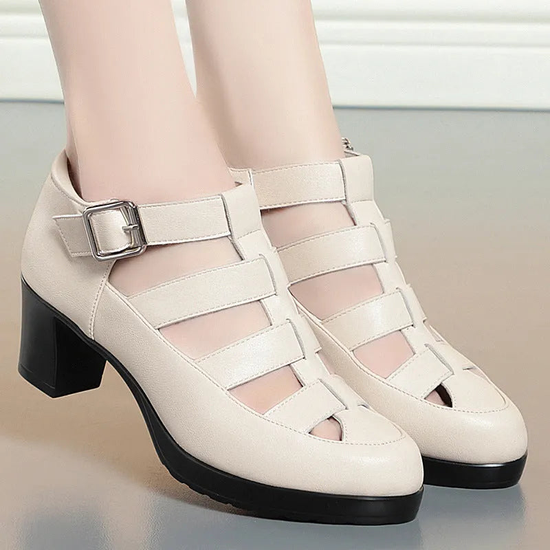 Women's closed toe sandals with chunky heel and woven ankle-strap with buckle closure