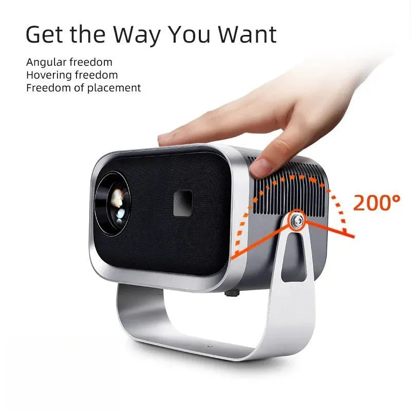 Compact white portable Android smart projector for phone screen mirroring with 1080p HD resolution.