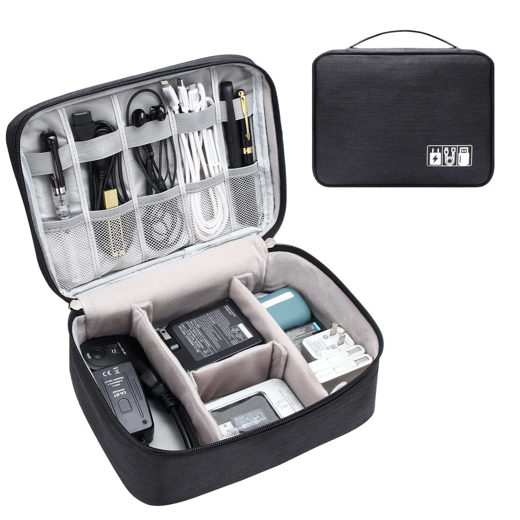 Black waterproof cable organizer bag open, showing removable dividers and mesh pockets for electronics.