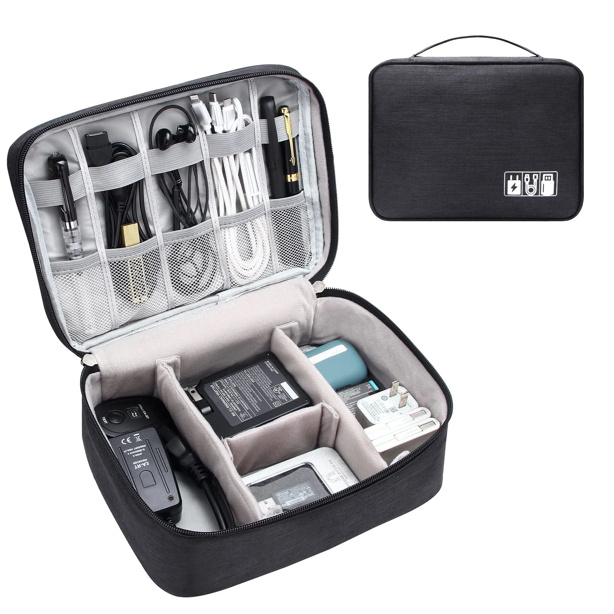 Black waterproof cable organizer bag open, showing removable dividers and mesh pockets for electronics.